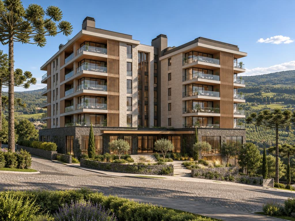 Arquitetura serrana em meio aos vinhedos, ilustração de Bento Gonçalves